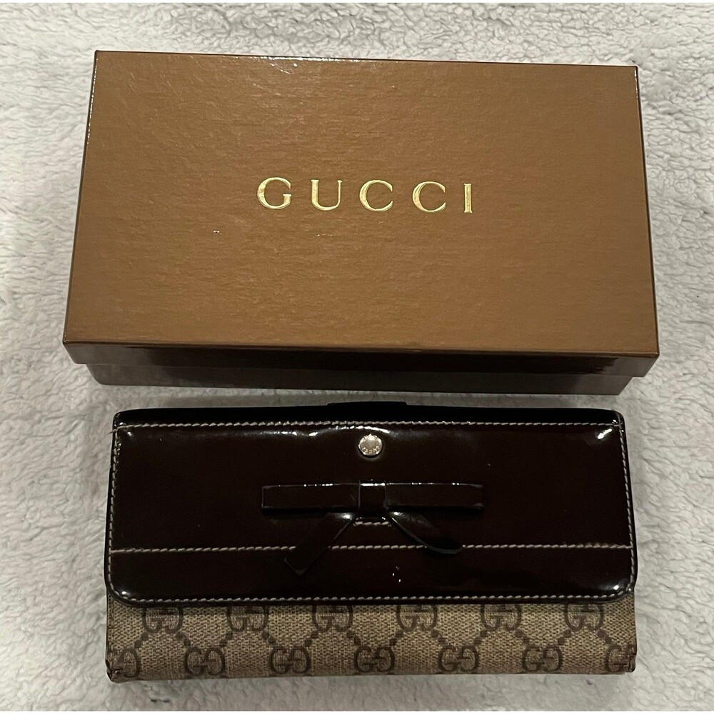 Gucci Long Wallet GG Canvas Brown Leather Patent Leather with Box Authenticated